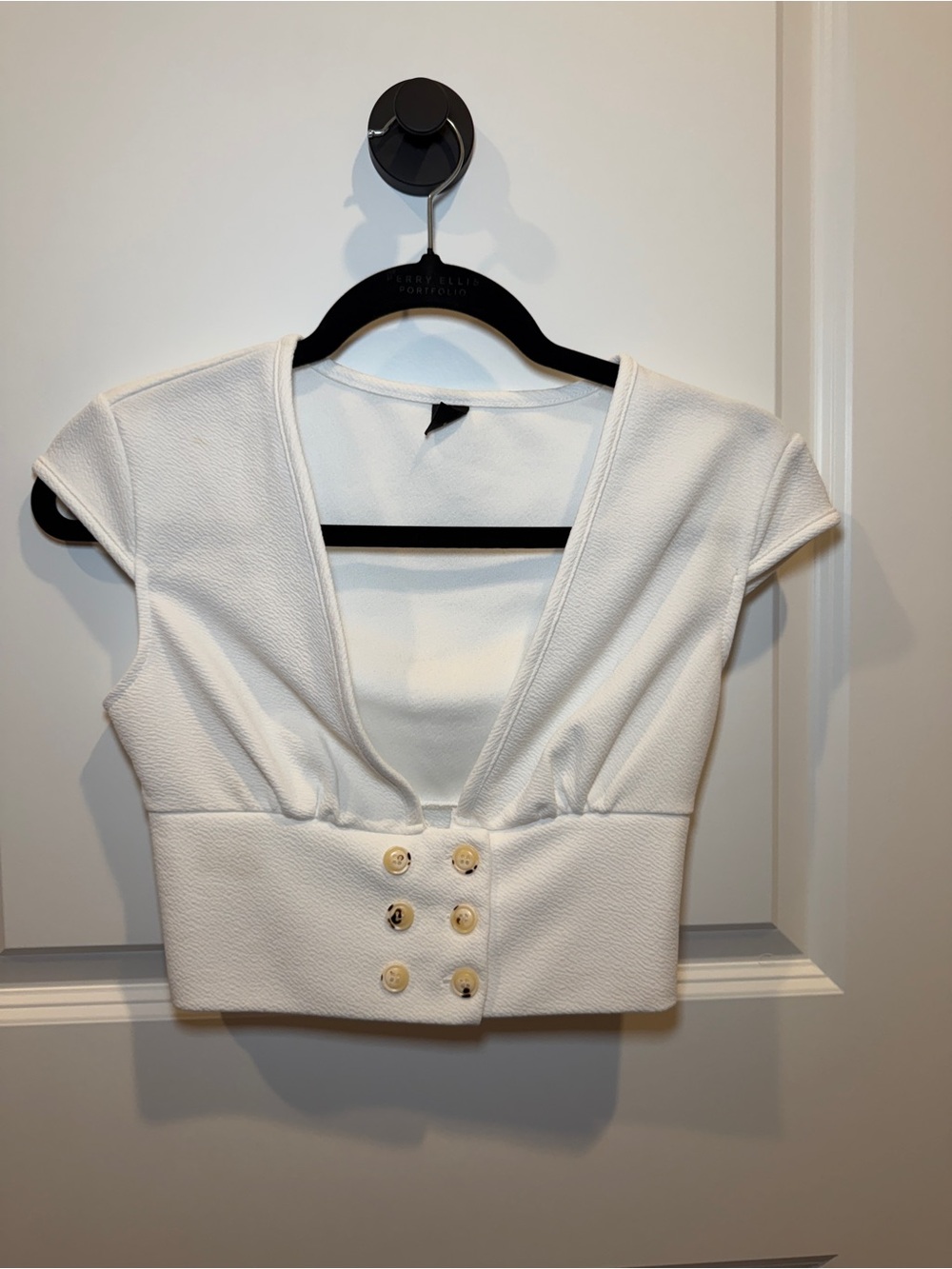 SHEIN White Deep V-Neck Button-Front Crop Top